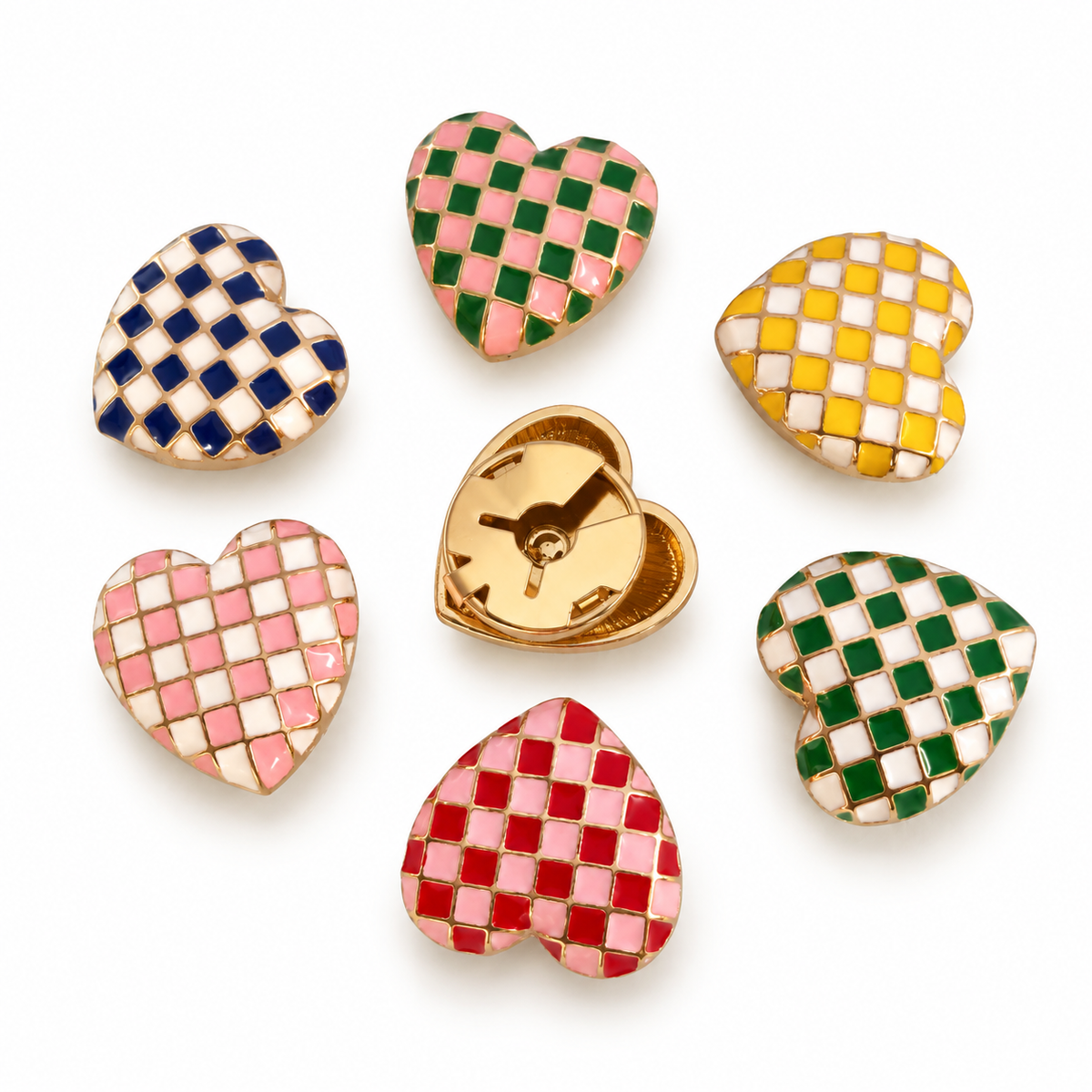 Checkered enamel contrasting heart-shaped button cover cufflinks