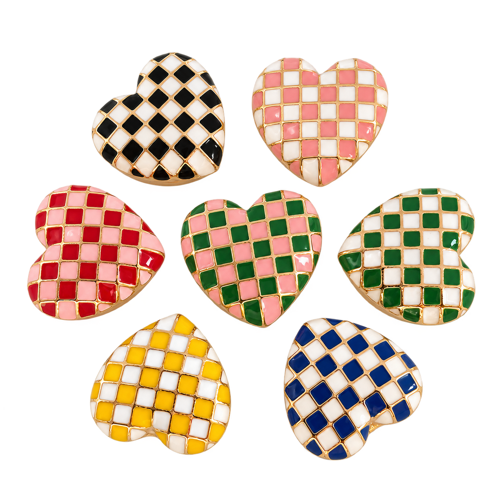 Checkered enamel contrasting heart-shaped button cover cufflinks